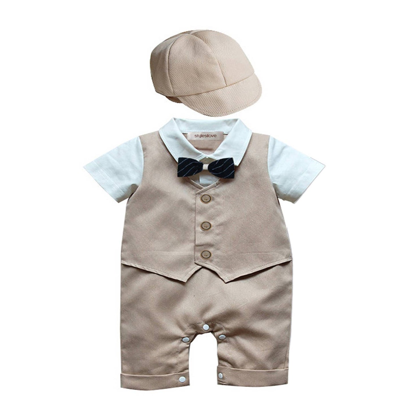 Khaki tuxedo baby romper w/hat