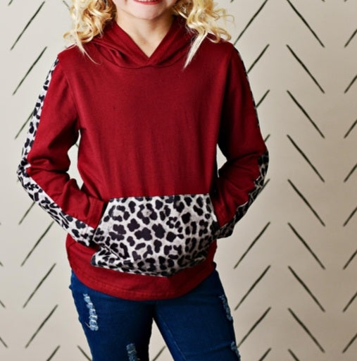 Wine Leopard Print Long Sleeve Pocket Hoodie Shirt