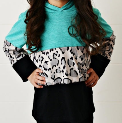 Teal Black & Leopard Print Winter Hoodie Shirt