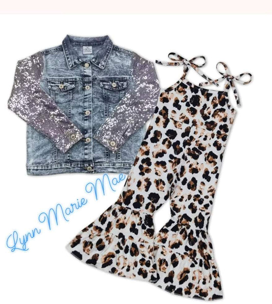 Cheetah print Jumpsuit w/ denim jacket.