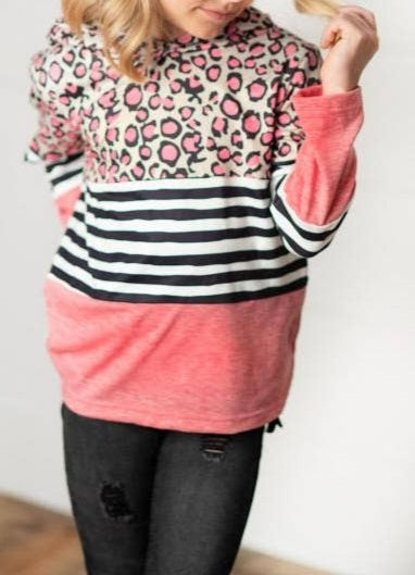 Pink Leopard Stripe Long Sleeve Hoodie Shirt